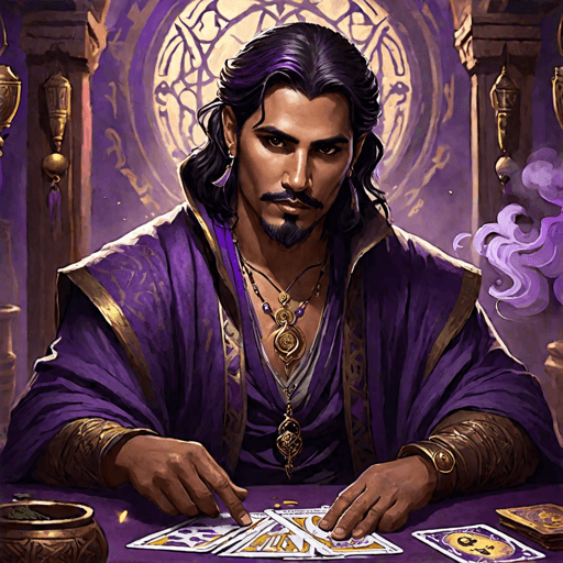 portrait of Rafayel, a dark-skinned man with a goatee, in a purple den