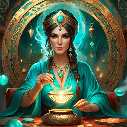 portrait of Mizzray, a tan woman with turquoise eyes, in a turquoise den filled with smoke